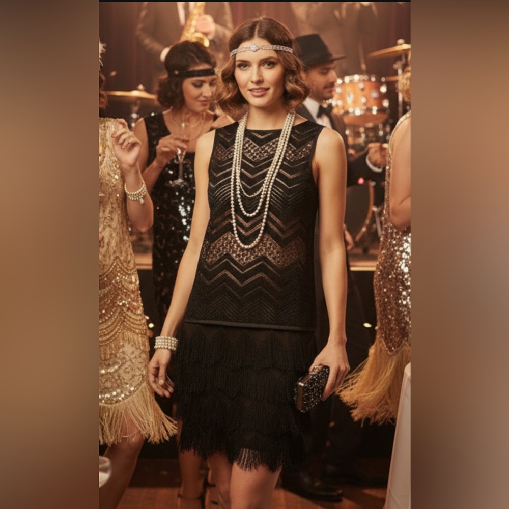 Max Studio Black Flapper Lace Fringe
Shift Dress.Med. Retro 20's Art Deco
Gatsby
